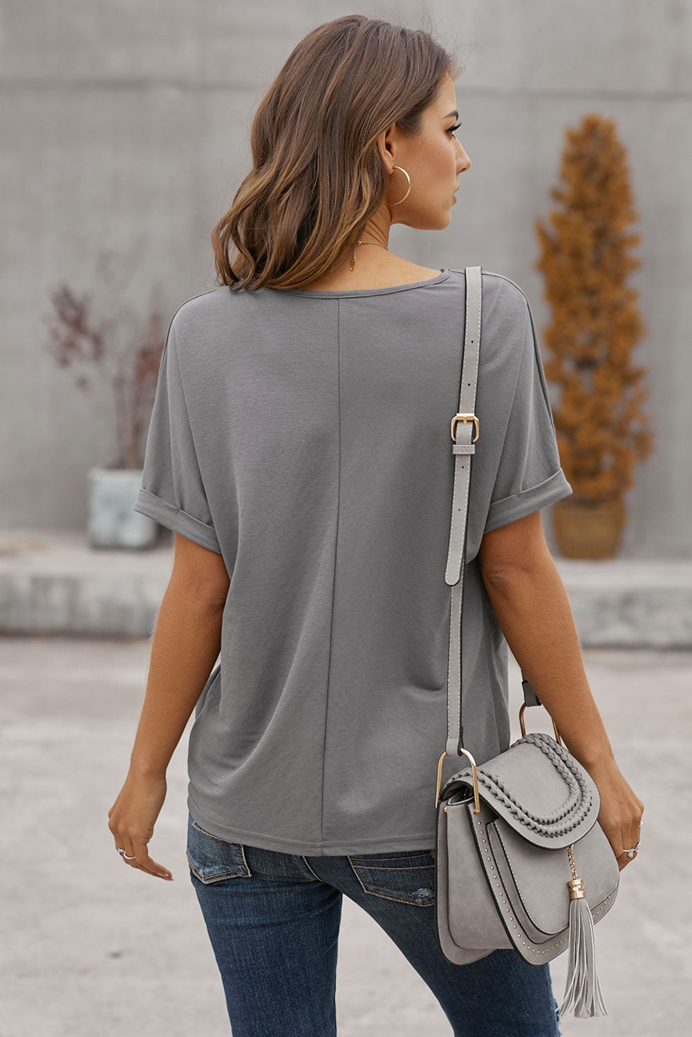 Gray Plain Short Sleeve Twist Tee