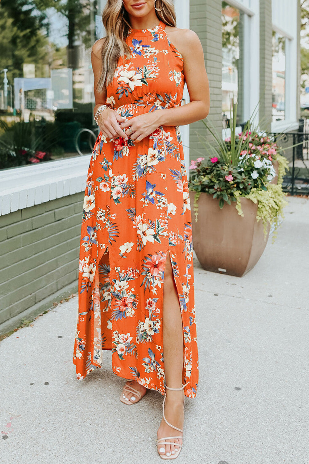 Orange Halter Neck Sleeveless Floral Dress with Slits