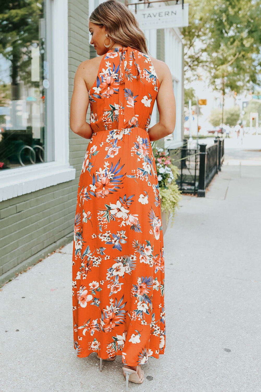 Orange Halter Neck Sleeveless Floral Dress with Slits