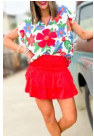 Flower Print Chest Pocket V Neck Blouse