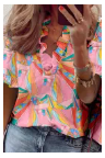 Multicolor Abstract Geometry Print Frilled V Neck Blouse