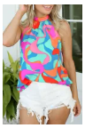 Multicolor Abstract Print Back Tie Halter Neck Tank Top