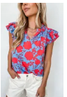 Red Floral Ruffled Cap Sleeve V-Neck Shift Blouse