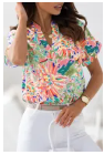 Green Abstract Floral Print Notch V Neck Rolled Short Sleeve Blouse