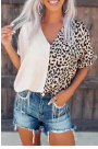 Khaki Contrast Leopard Color Block Blouse