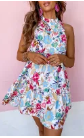 White Frill Mock Neck Sleeveless Tiered Floral Dress