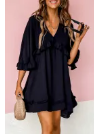 Black Ruffled 3/4 Sleeve V Neck Babydoll Mini Dress