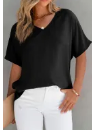 Black Solid V Neck Short Sleeve Blouse