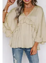Apricot V Neck Draped Batwing Sleeve Ruffle Top