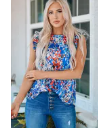 Blue Floral Print Tank Top with Ruffles