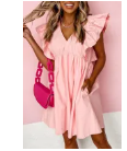 Pink Ruffle Short Sleeves V Neck Pocket Mini Dress