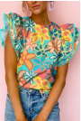 Green Vibrant Floral Print Trimmed Ruffle Sleeve Blouse