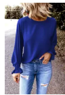 Royal Blue Crew Neck Ruffle Bubble Sleeve Top