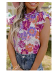 Purple Multicolor Stand Collar Flutter Sleeves Floral Top