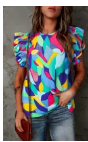 Multicolor Abstract Print Stitching Ruffle Sleeve Blouse