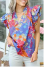 Blue Split V Neck Flutter Floral Top