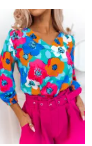 Multicolor Floral Print V Neck 3/4 Sleeve Blouse