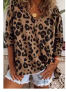 Brown Leopard Split Joint V Neck Long Sleeve Tops
