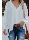 White Swiss Dot V Neck Long Sleeve Blouse