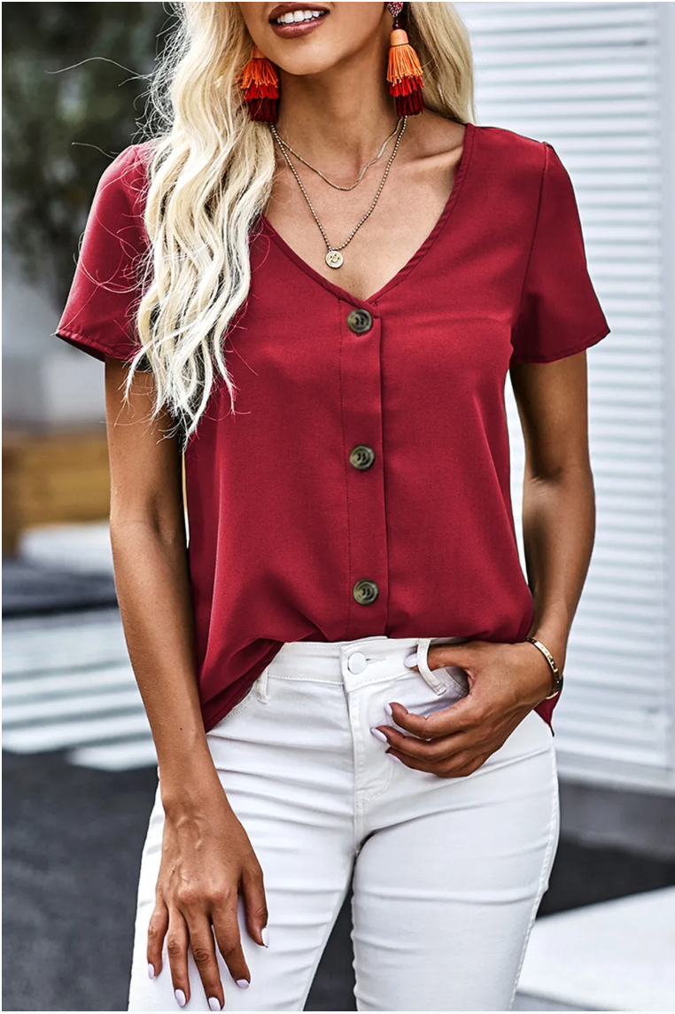 Red Button Detail Short Sleeve V Neck Blouse