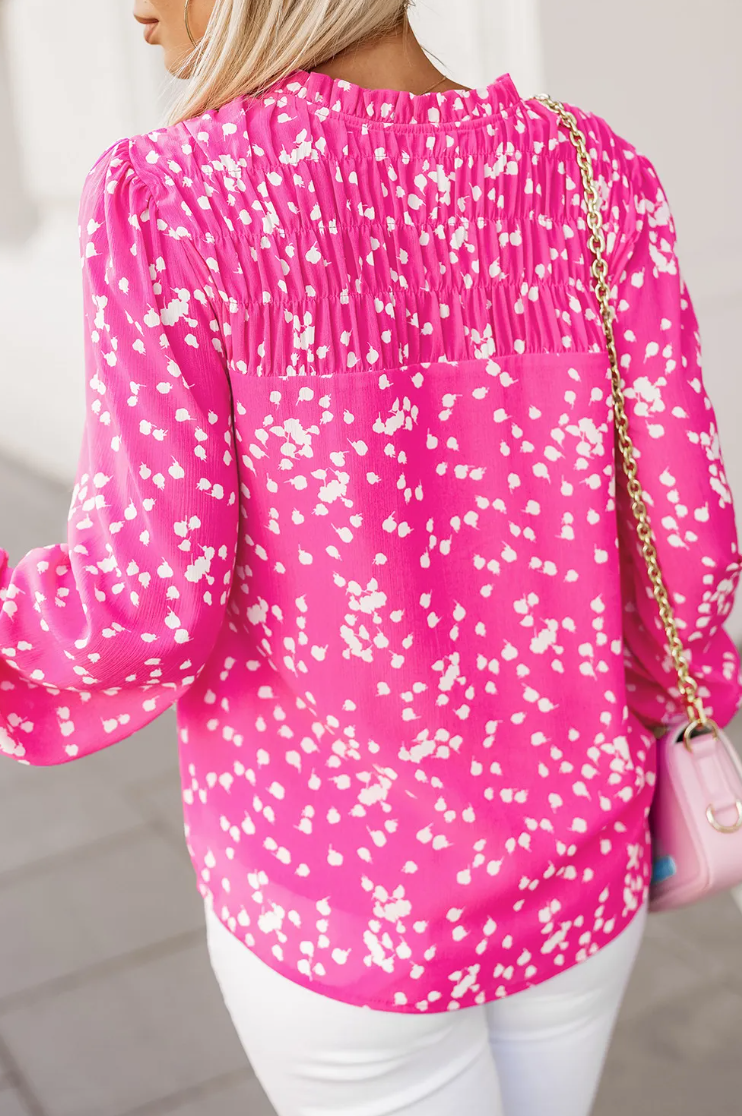 Pink Split Neck Fall Printed Crinkled Blouse