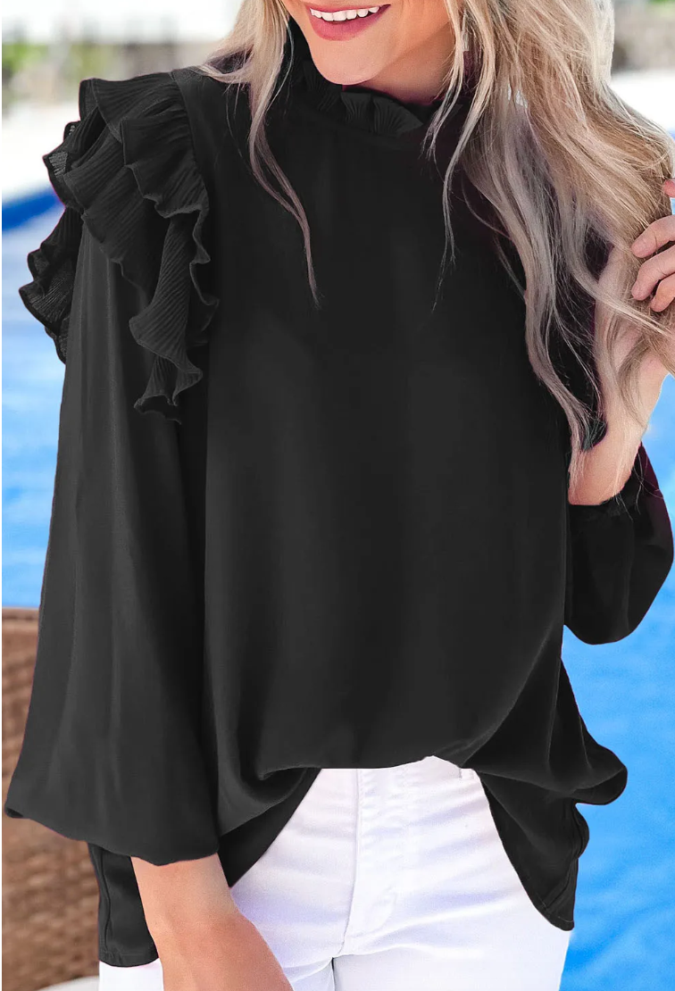 Black Button Keyhole Back Pleated Ruffle Trim Blouse