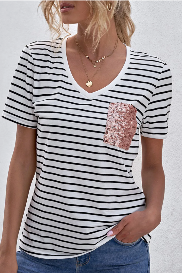 V Neck Striped T-shirt with Patch Pocket