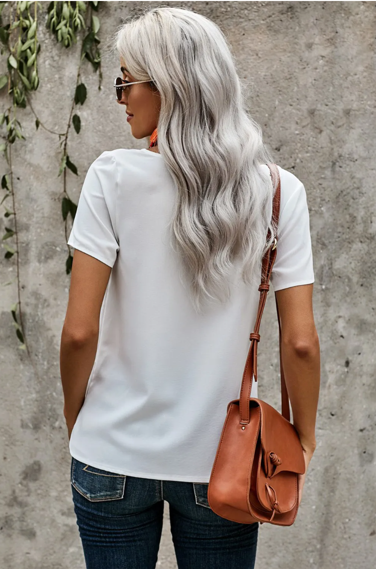 White Button Detail Short Sleeve V Neck Blouse