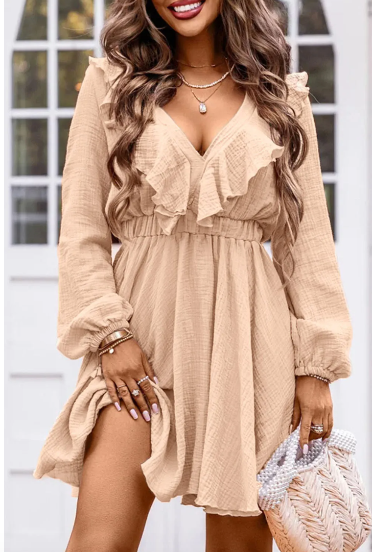 Khaki Textured Ruffled V Neck High Waist Mini Dress