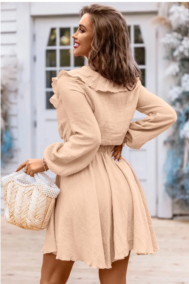 Khaki Textured Ruffled V Neck High Waist Mini Dress