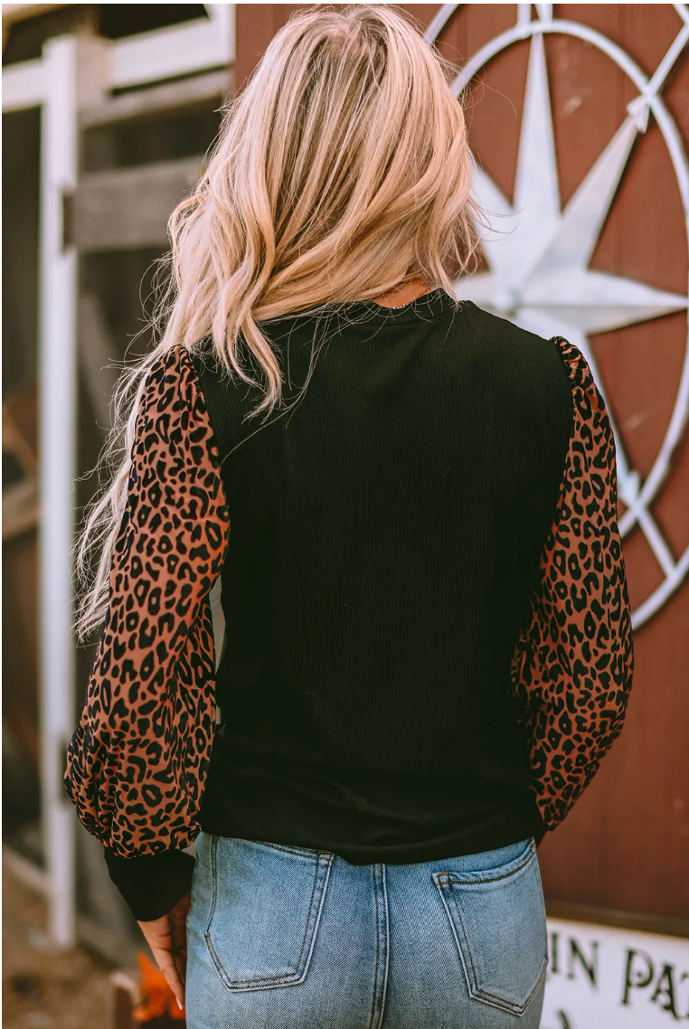 Black Leopard Print Long Sleeve Ribbed Knit Blouse