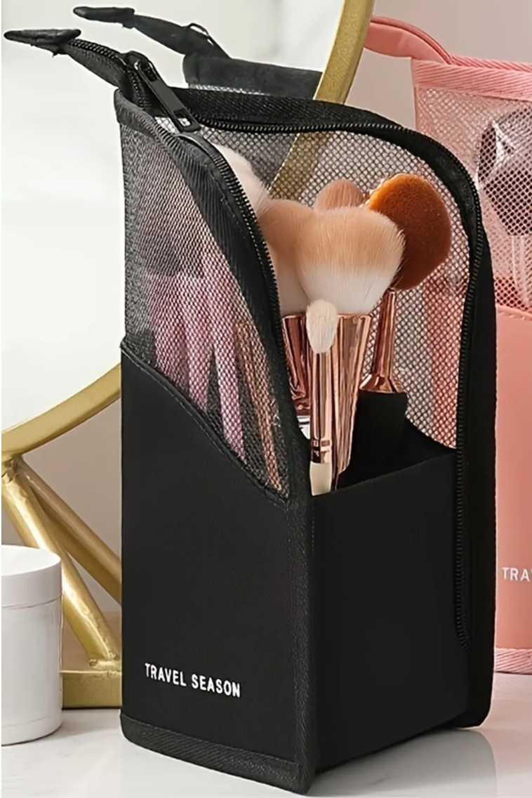 Black Travel Season Print Zipped Mesh Splicing Cosmetic Bag