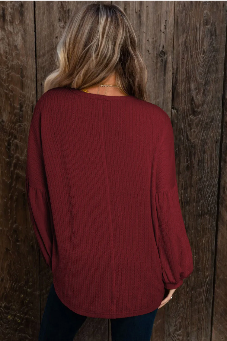 Red Dahlia Faux Knit Jacquard Puffy Long Sleeve Top