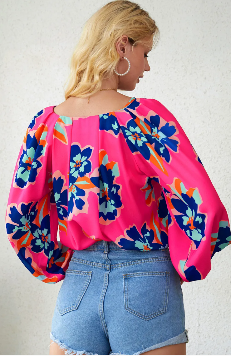 Rose Flower Print Puff Sleeve Blouse