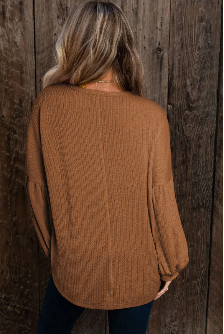 Orange Faux Knit Jacquard Puffy Long Sleeve Top