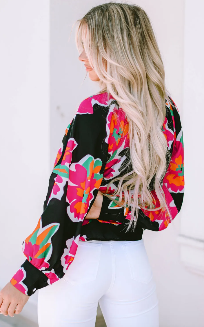 Black Flower Print Puff Sleeve Blouse