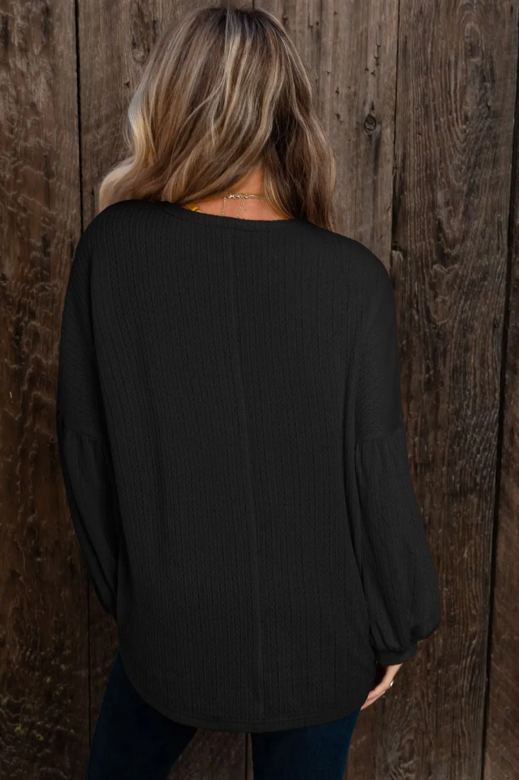 Black Faux Knit Jacquard Puffy Long Sleeve Top