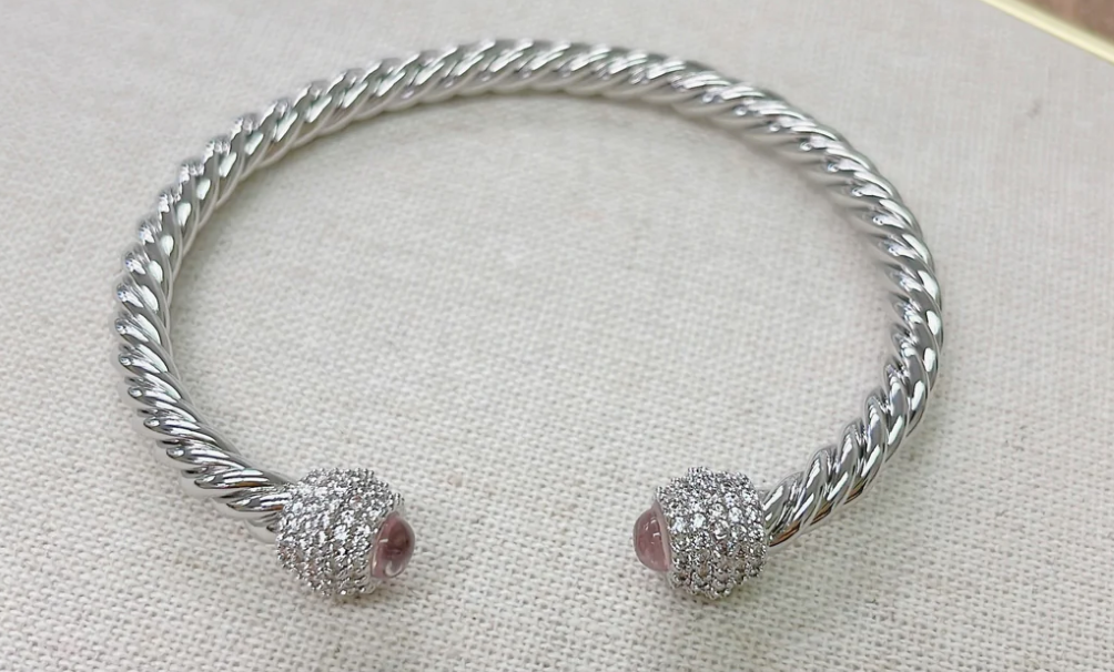 Silver Rope Pink Crystal Bracelet