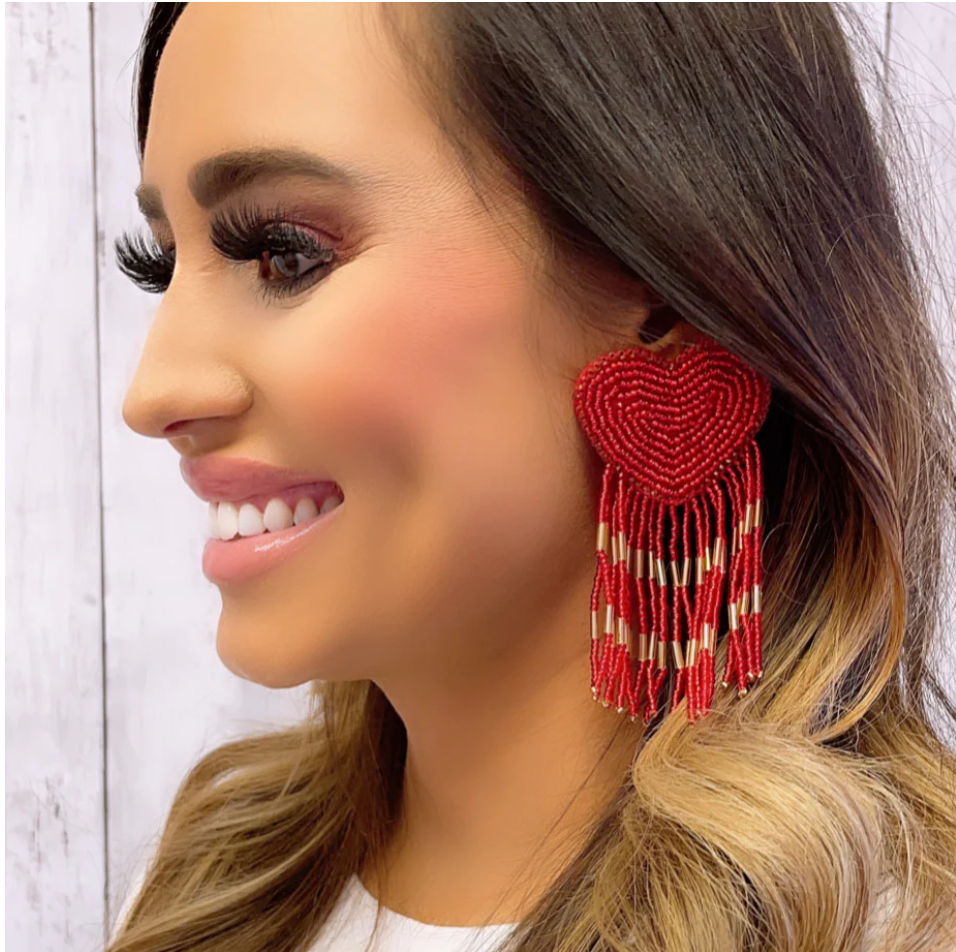 Heart Tassel Red Earrings