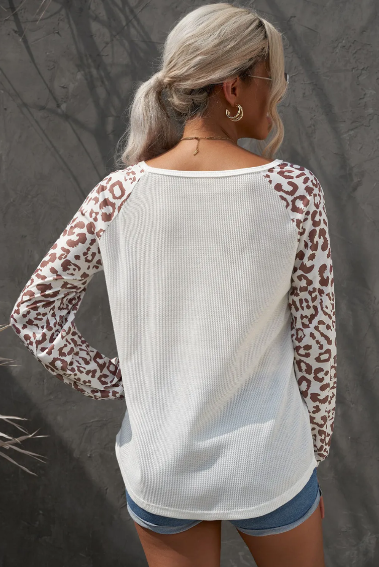 Leopard Raglan Sleeve Knitted V Neck Blouse