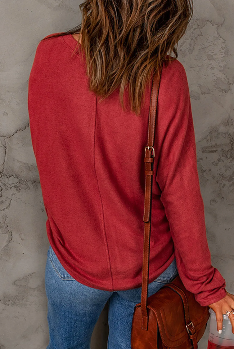 Fiery Red Gray Solid Color Patchwork Long Sleeve Top