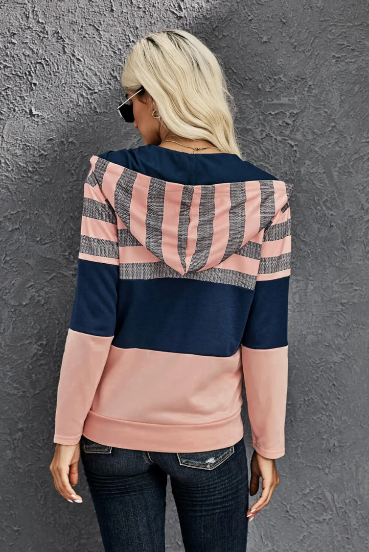 Pink Striped Color Block Drawstring Zip Front Hoodie