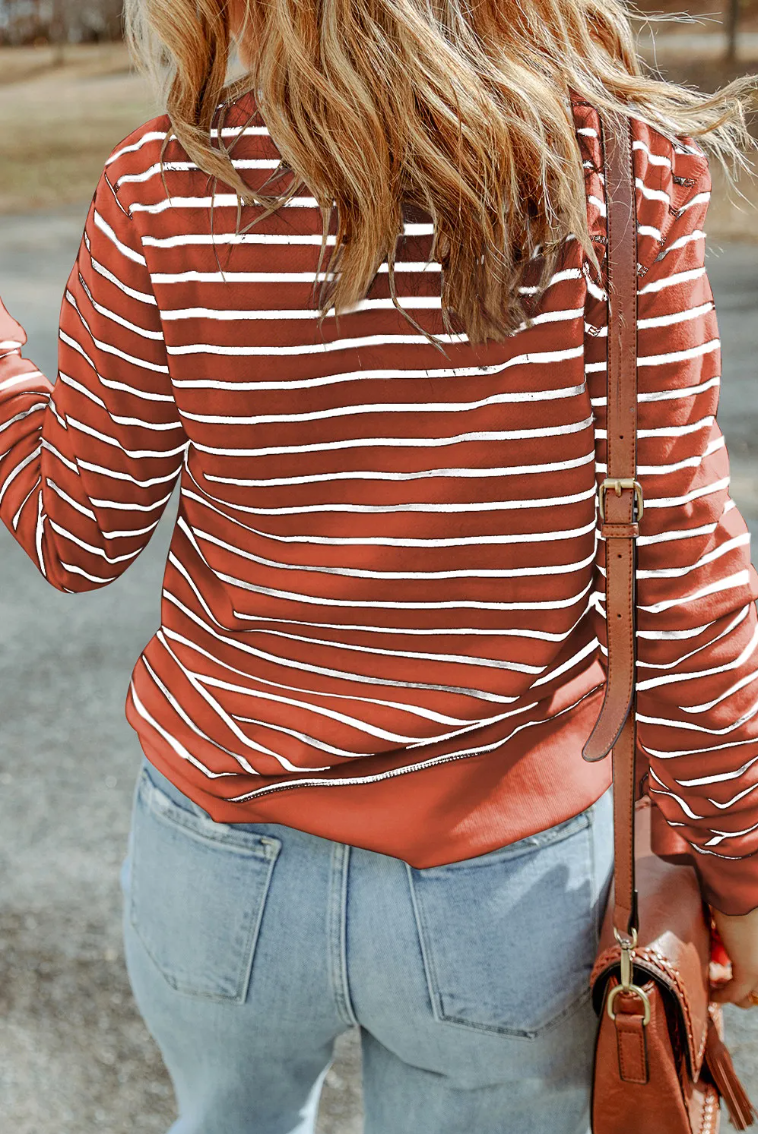 Red Striped Print Ribbed Trim Long Sleeve Top