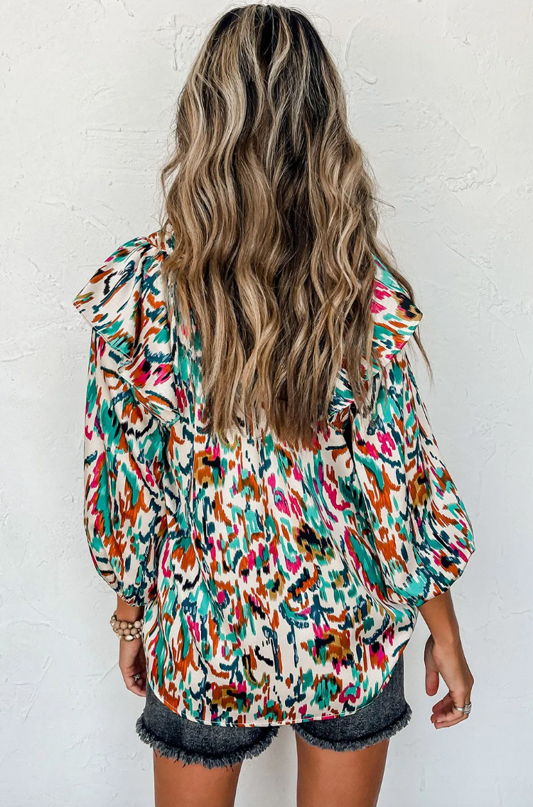 Multicolor Abstract Print 3/4 Puff Sleeve Ruffle Blouse