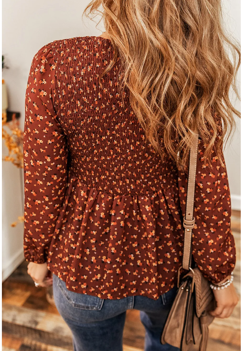 Boho Floral Smocked Bust Ruffled Peplum Blouse