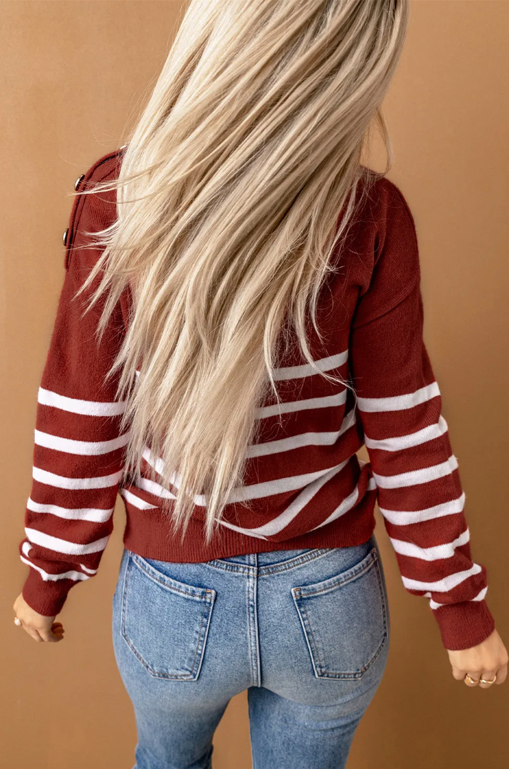 Striped Turtleneck Long Sleeve Sweater with Buttons