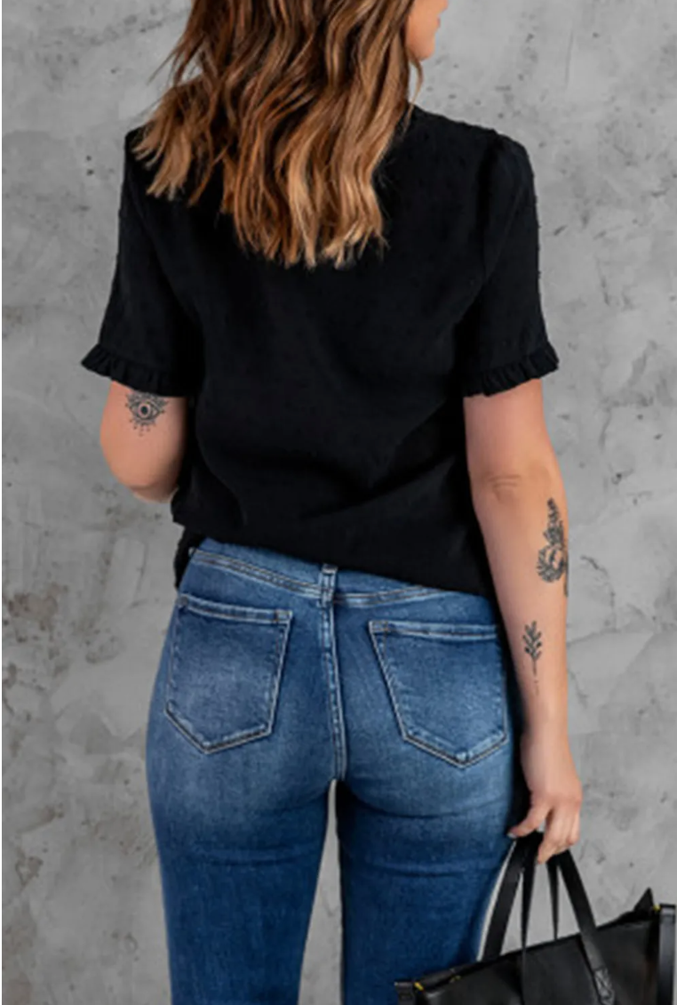 Black Swiss Dot Ruffled Short Sleeve V Neck Top