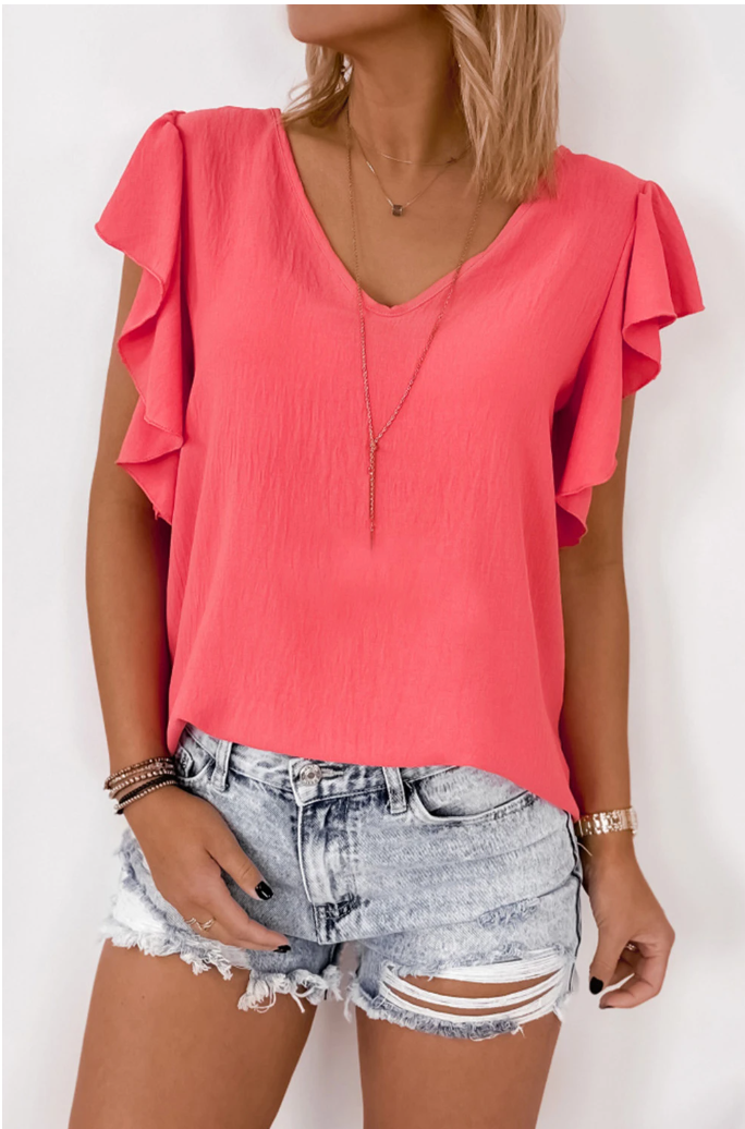 Red Solid V Neck Ruffle Sleeve Loose Top