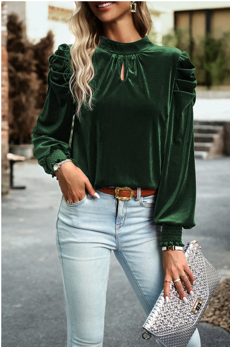 Green Mock Neck Puff Sleeve Velvet Blouse