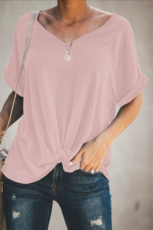 Pink Plain Crewneck Short Sleeve Twist Tee
